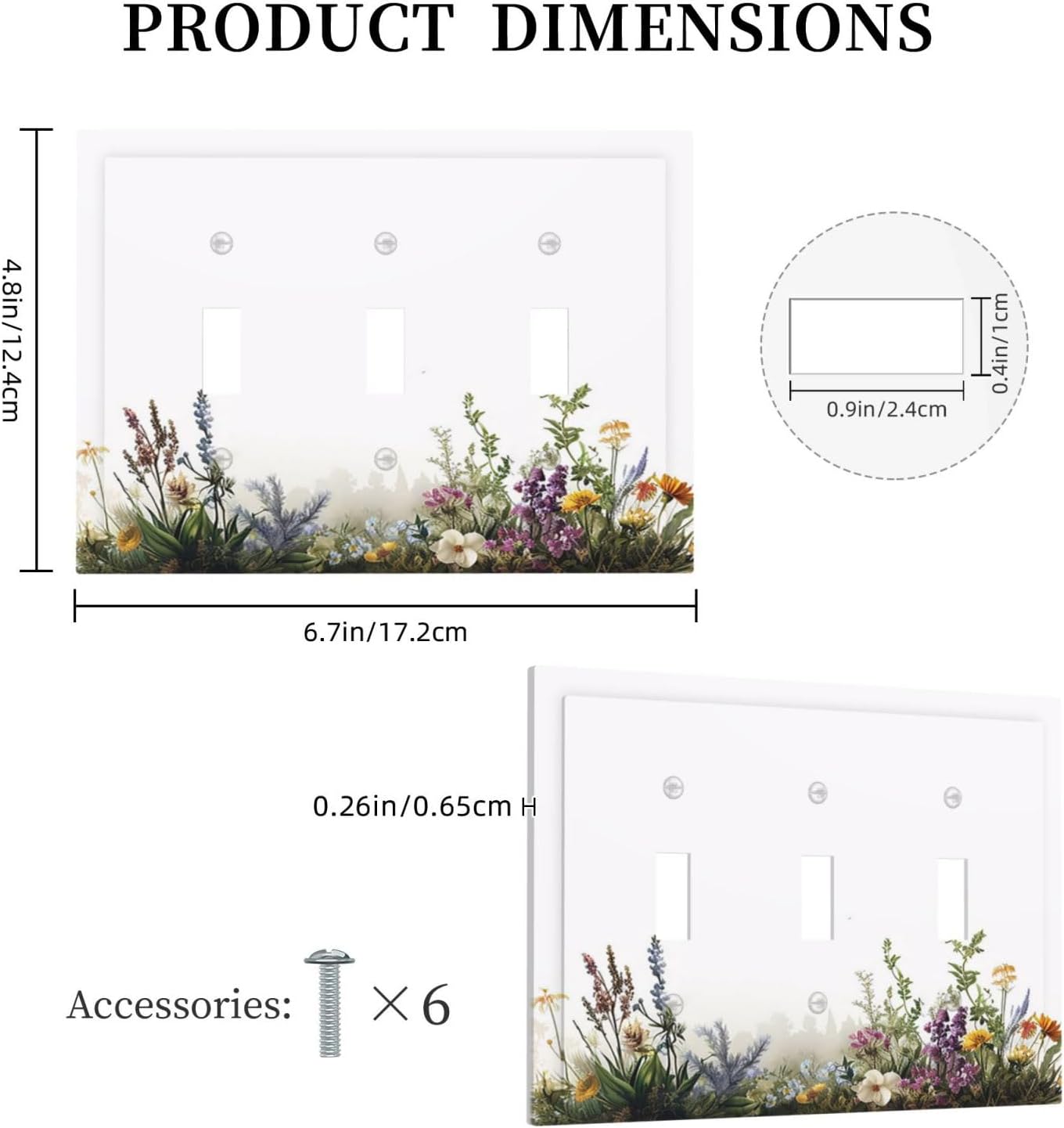 Decorative Light Switch Cover Plate White Background Colorful Flowers Plants Green Leaves 3 Gang Wall Plate Triple Toggle Switch Plate Covers Electrical Outlet Cover for Bedroom Home Decor