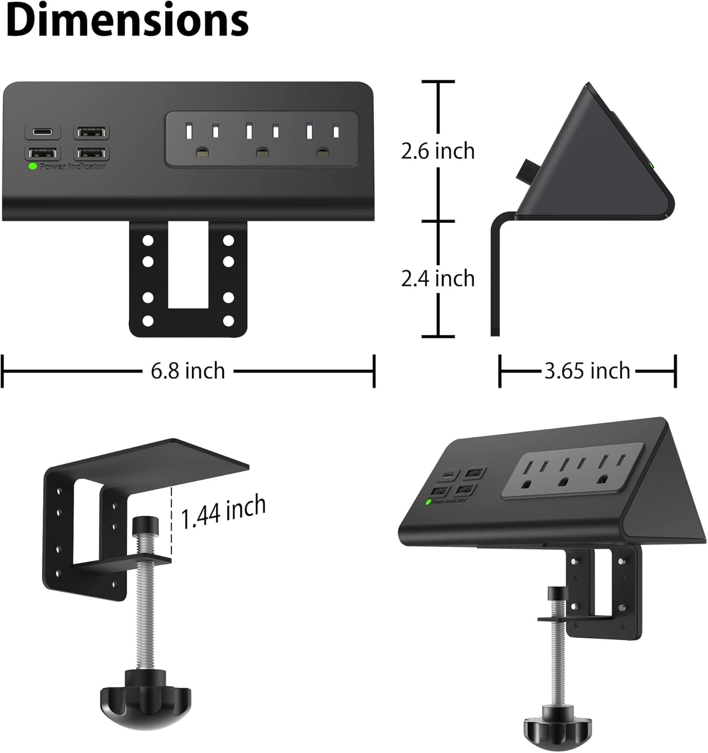 Power Charge Station Edge clamp Mount with USB-C Ports，Tabletop Surge Protector, Desk Clamp Power Sockets with 3 AC Outlets and 4 Fast Charging USB Ports for Home Office Hotel and Dormitory (Black)