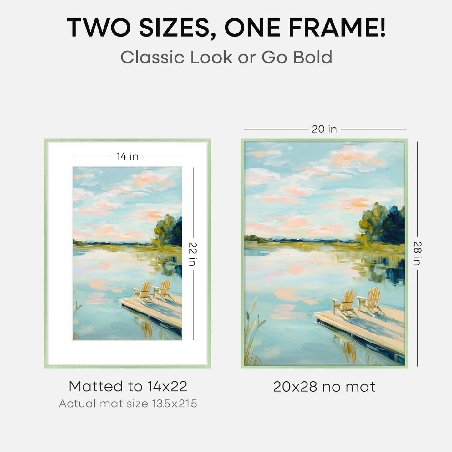 Homeforia 20x28 Frame Sage Green, High End Metal 20x28 Poster Frames with Mat 14x22 inch Photo, 20 x 28 Sage Green Picture Frame Matted to 14 by 22 Art, 28x20 Frame, Tempered Glass, Wall Kit, Set of 2