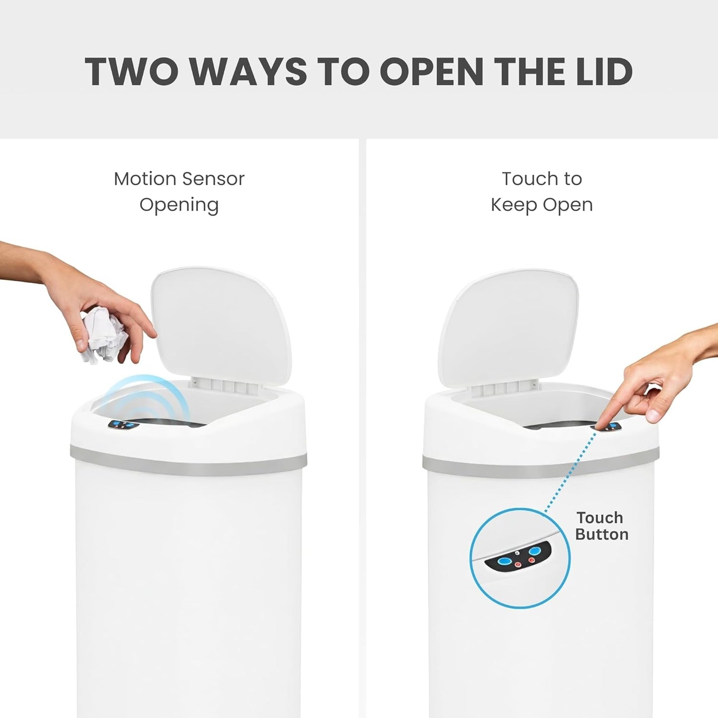 SensorCan 13 Gallon Automatic Sensor Trash Can with Lid, AC Adapter Included, AbsorbX Odor Control, Chalk White Stainless Steel Kitchen Garbage Bin, Fingerprint-Proof, Hands-Free Operation, Oval