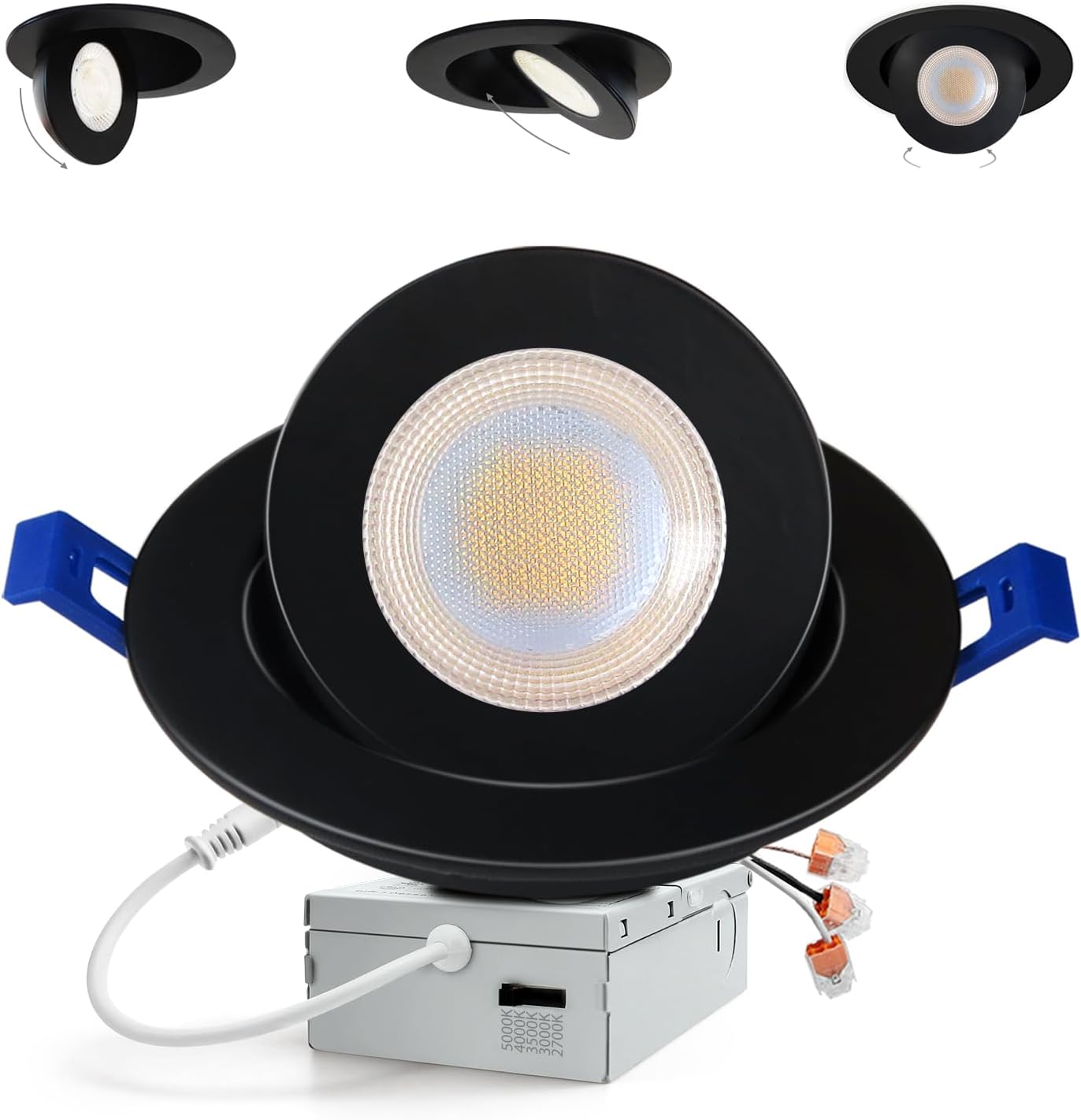 Adetu Recessed Lighting 6 inch, 360°+90° Adjustable Directional 6 inch 5CCT Gimbal Black Led Recessed Light, 2700K-5000K Dimmable Retrofit Eyeball Can Recessed Lights with Jbox, ET (Black,1 Pack)