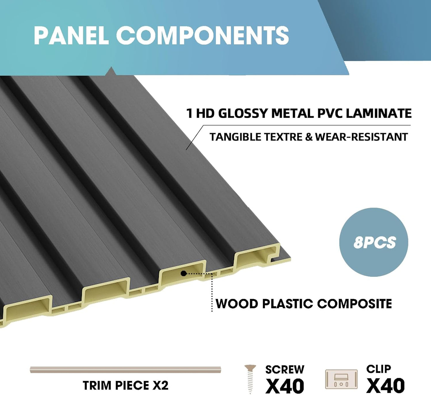 OUZUGIE WPC Acoustic Slat Wall Paneling, 8-Pack 114 x 6 Inches 3D Wall Panels for Interior Wall Decor,Living Room,TV Background,Study Room,Office Spaces,Bedroom,Low Grille (Metallic Dark Gray)