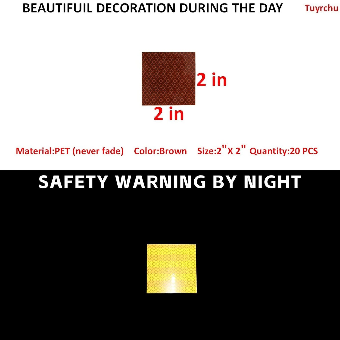 Non Fading Brown Reflective Stickers 2 inch X 2 inch, Outdoor Waterproof High Visibility Warning Safety Adhesive Reflector Tape (20 Pcs)