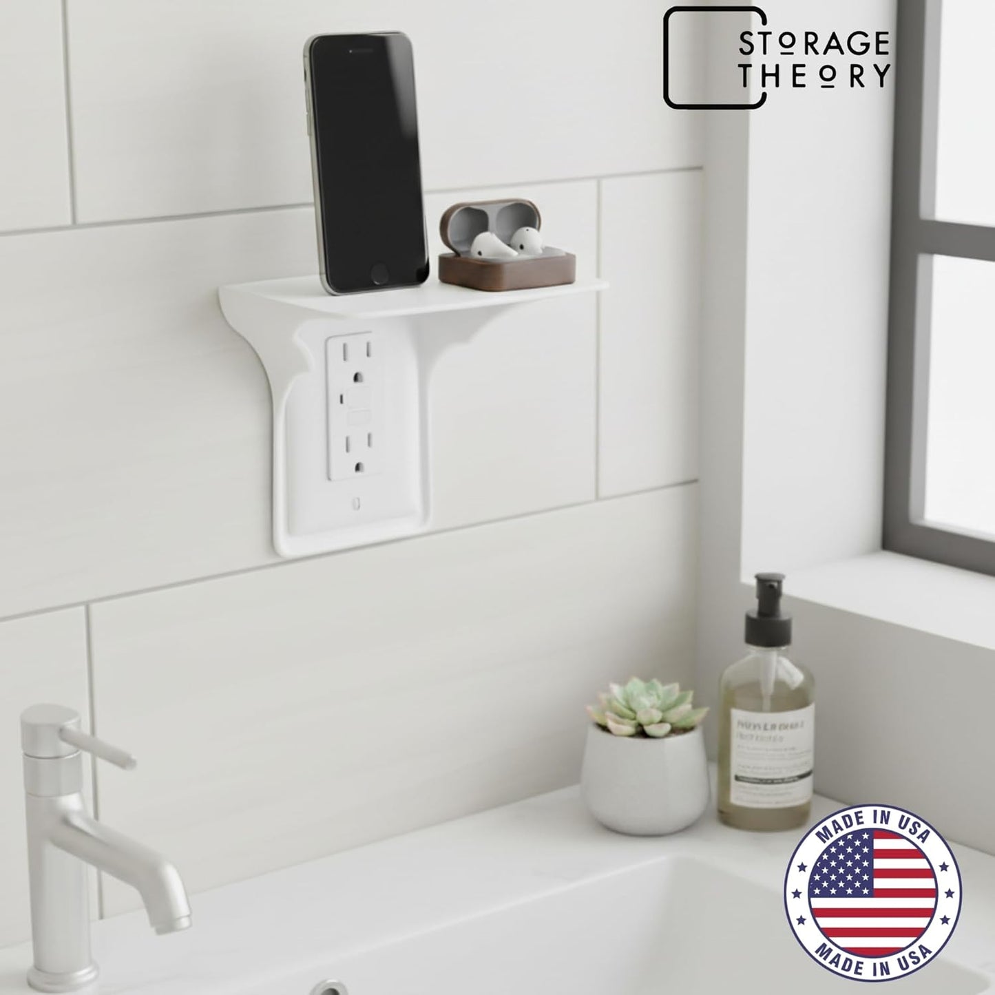 BeraTek Power Perch Wall Outlet Shelf with Cord Storage Strap - Declutter & Reclaim Counter Space - Top Uses: Charging Shelf, Echo Dot Stand, Apple HomePod Mini Wall Mount - White, 2-Pack