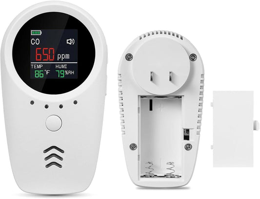 5-in-1 Plug-in & Battery Backup Carbon Monoxide Detectors，Portable Travel Carbon Monoxide Detector, Natural Gas Leak Detector with Temp. Humid. for Home, RV, Camping (Shipping Without Batteries)