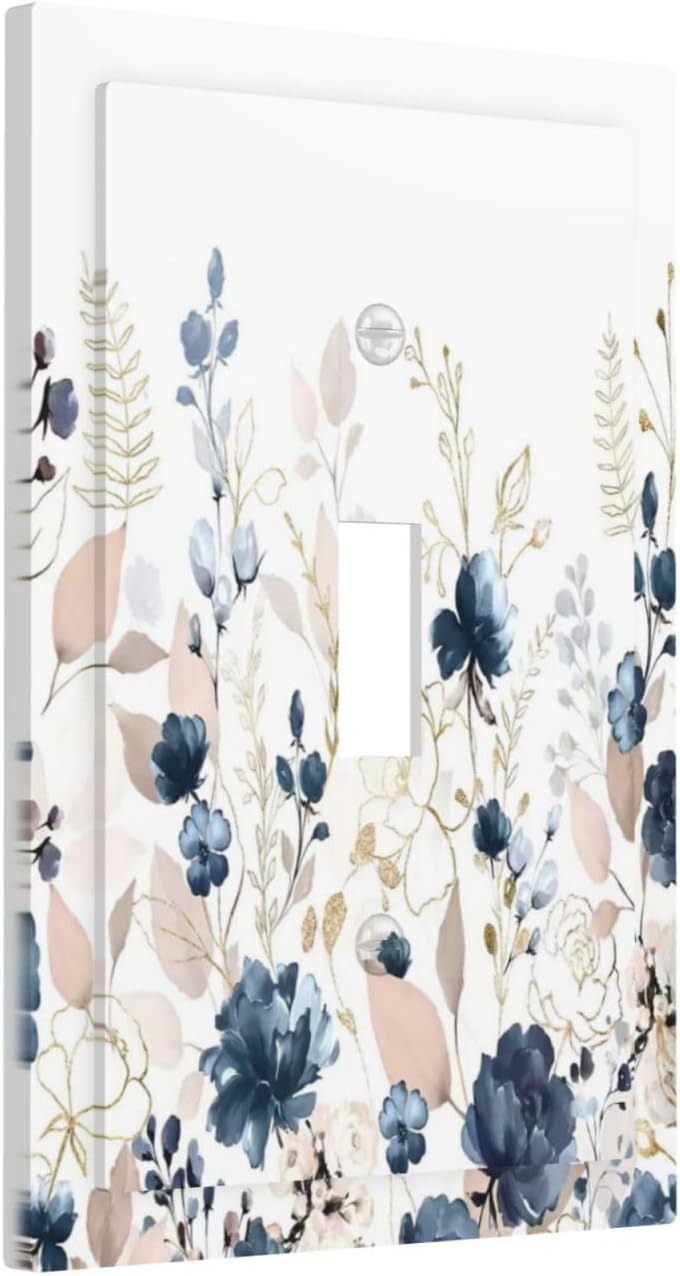 Blue Flora Boho Vintage Flower Golden Leaves Decorative Light Switch Cover 1 Gang Single Toggle Device Electrical Faceplate Switchplates Decorator Outlet Wall Plate for Bedroom Living Room Decor