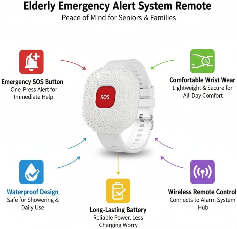 Life Alert Systems for Seniors No Monthly Fee, App-Controlled Caregiver Pager, LED Number Display 1Waterproof Wrist Remote Control 2Call Button 1Receiver(Only Supports 2.4GHz Wi-Fi)
