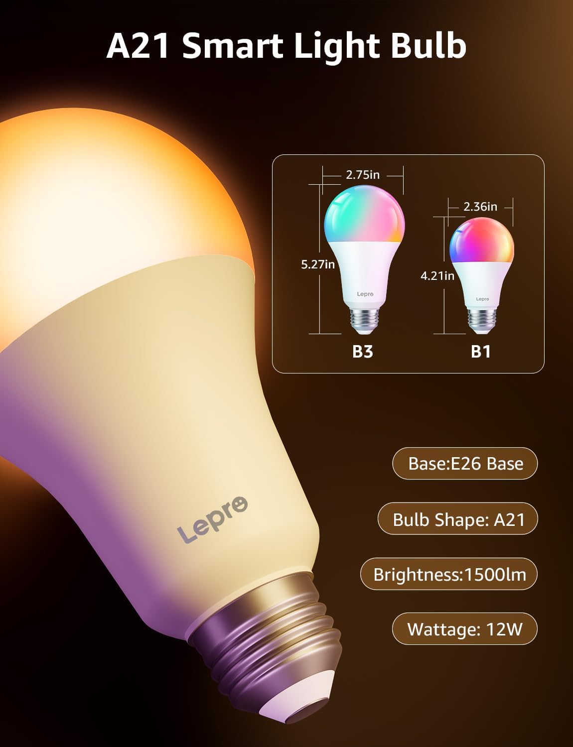 Lepro B3 AI Smart Light Bulbs - 1500LM 100W Equivalent A21 Bulb, WiFi & Bluetooth RGBWW Color Changing, Works with Alexa & Google Assistant, AI Voice Control by App, Music Sync, 2.4GHz Only (2 Pack)