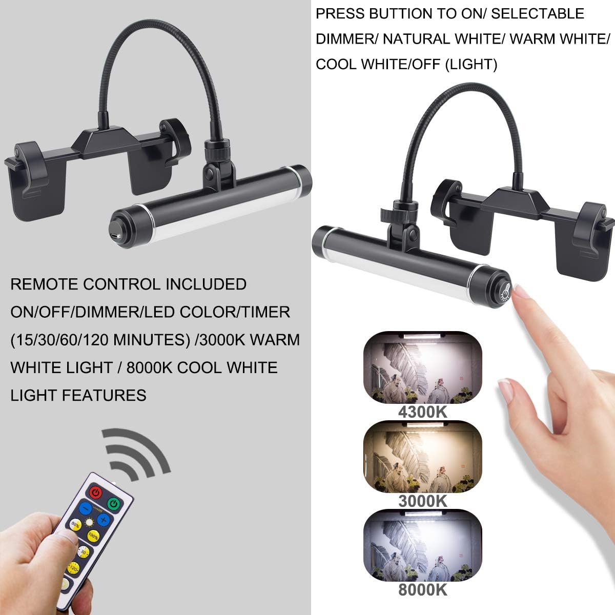 HONWELL Painting Lights Cordless, Dartboard Light with Remote, Rechargeable Picture Light, Picture Frame Lights with 3 Modes 28 LEDs Rotate Head, 360° Flexible Neck,Clip on Display Light for Art-Black