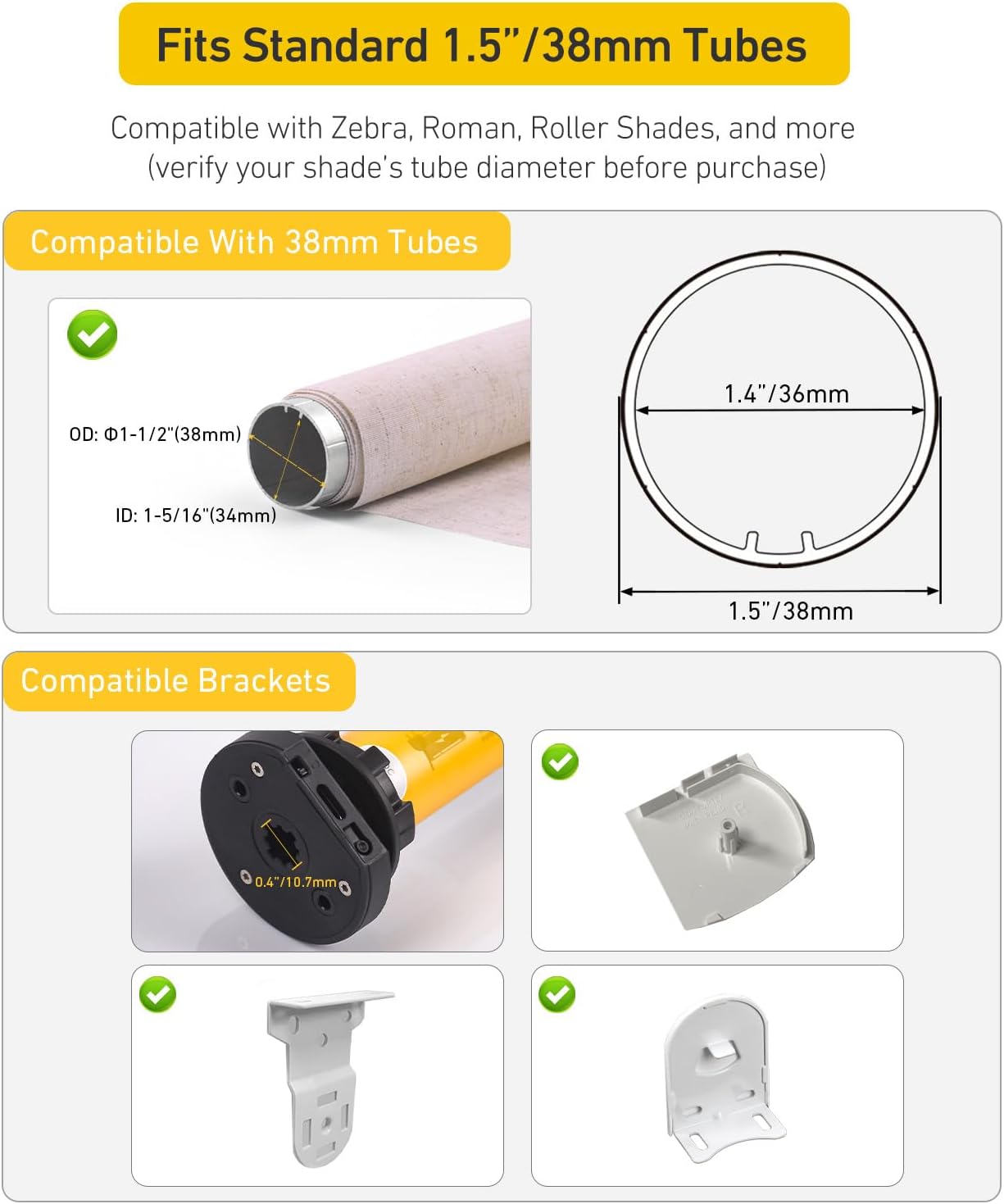 Smart Tuya WiFi Blinds Motor, AC100-240V Plug-in for 1.5"/38mm Shade Tubes, Compatible with Alexa/Google Home, APP & Timer Control, No Hub Required - Idea for Zebra, Roman, Roller Shades