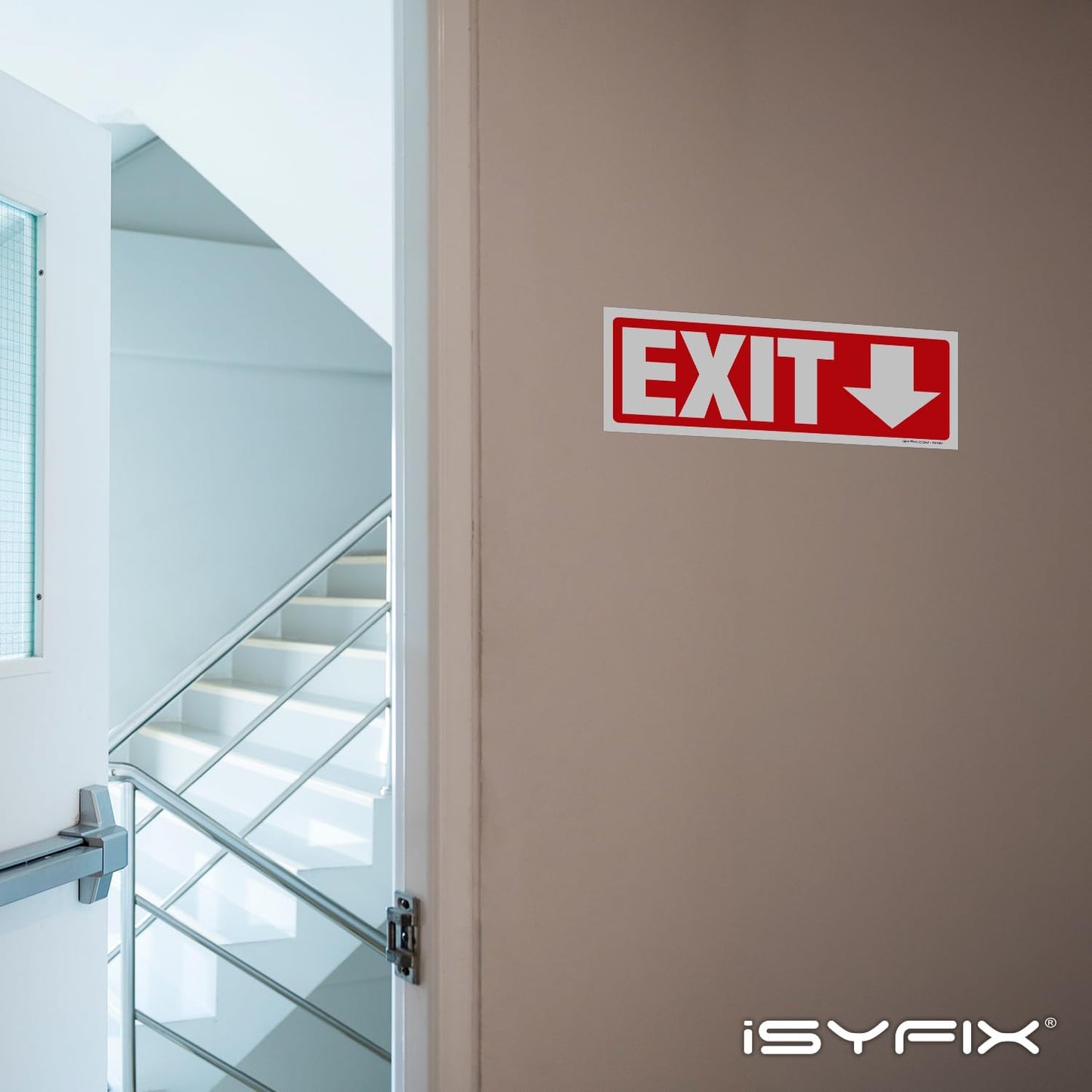 iSYFIX Exit Signs Stickers 2 Pack 12x4 Inch - Laminated Premium Vinyl Directional Down Arrow Signs for Buildings, Office, Workplace, Stores, Schools, Theaters, Parking, Restaurants, Factories