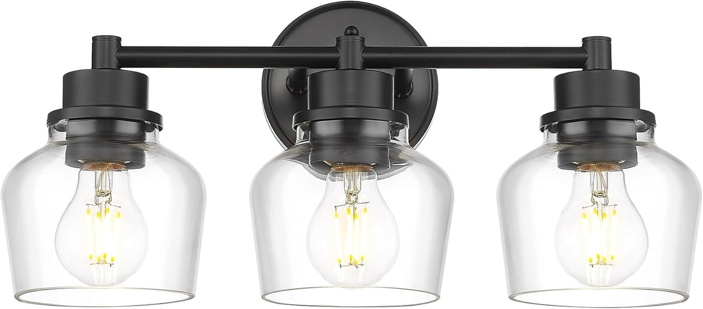 Emak 3-Light Bathroom Vanity Lights Over Mirror, Modern Bathroom Light Fixtures with Clear Glass Shade, Black Vanity Light for Bath, Makeup Desk, Mirror, VL122-BK-CG-3