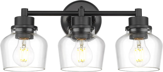 Emak 3-Light Bathroom Vanity Lights Over Mirror, Modern Bathroom Light Fixtures with Clear Glass Shade, Black Vanity Light for Bath, Makeup Desk, Mirror, VL122-BK-CG-3