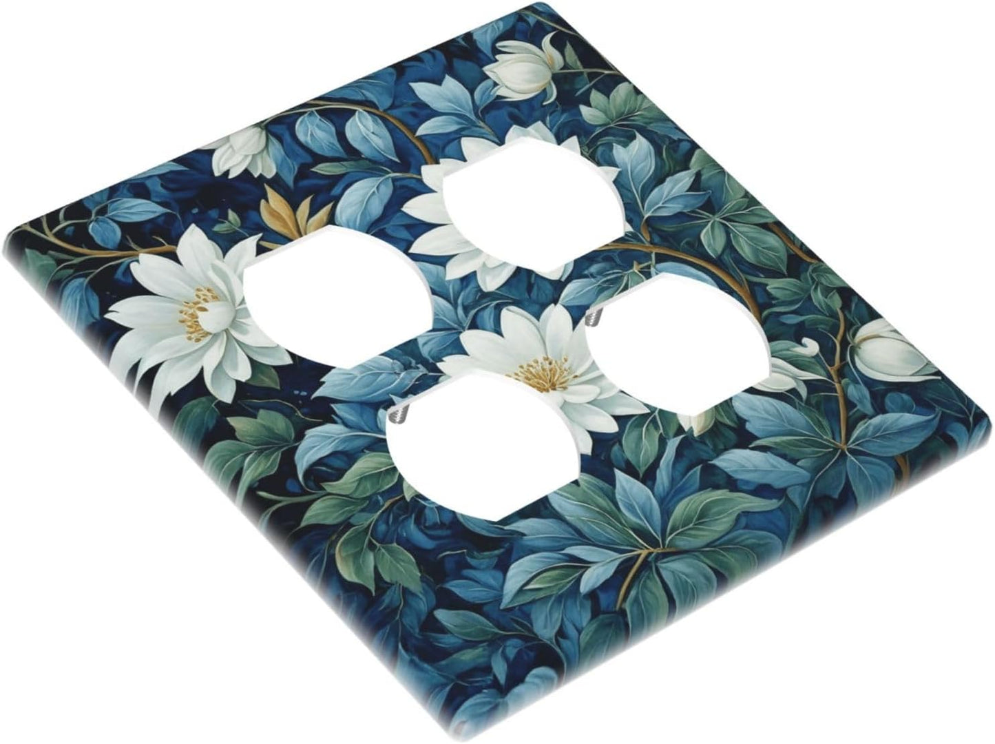 Decorative Outlet Covers Rustic White Floral Flowers Green Blue Leaves 2 Gang Wall Plate Double Duplex Light Switch Cover Switch Plate Covers Faceplate for Bedroom Home Decor