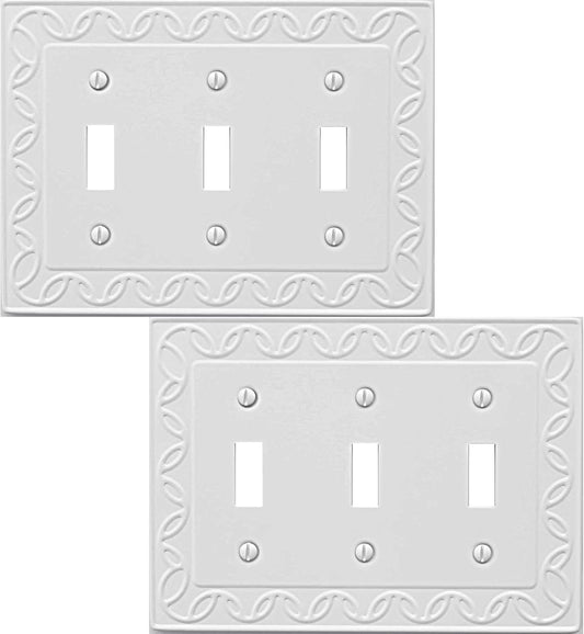 Triple Toggle Light Switch Cover NovaBloom Metal Wall Plate, 2-Pack White 3 Gang, Light Switch Cover Decorative Wallplate, Durable