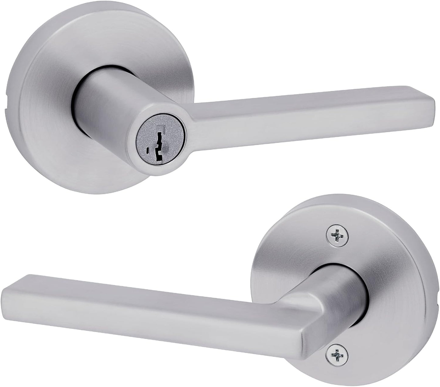 Kwikset Halifax Keyed Storeroom Entry Door Handle with Lock and Key, Secure Keyed Reversible Lever Exterior, for Front Entrance and Bedrooms, Satin Chrome, Pick Resistant Smartkey Rekey Security