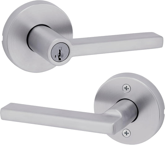 Kwikset Halifax Keyed Storeroom Entry Door Handle with Lock and Key, Secure Keyed Reversible Lever Exterior, for Front Entrance and Bedrooms, Satin Chrome, Pick Resistant Smartkey Rekey Security
