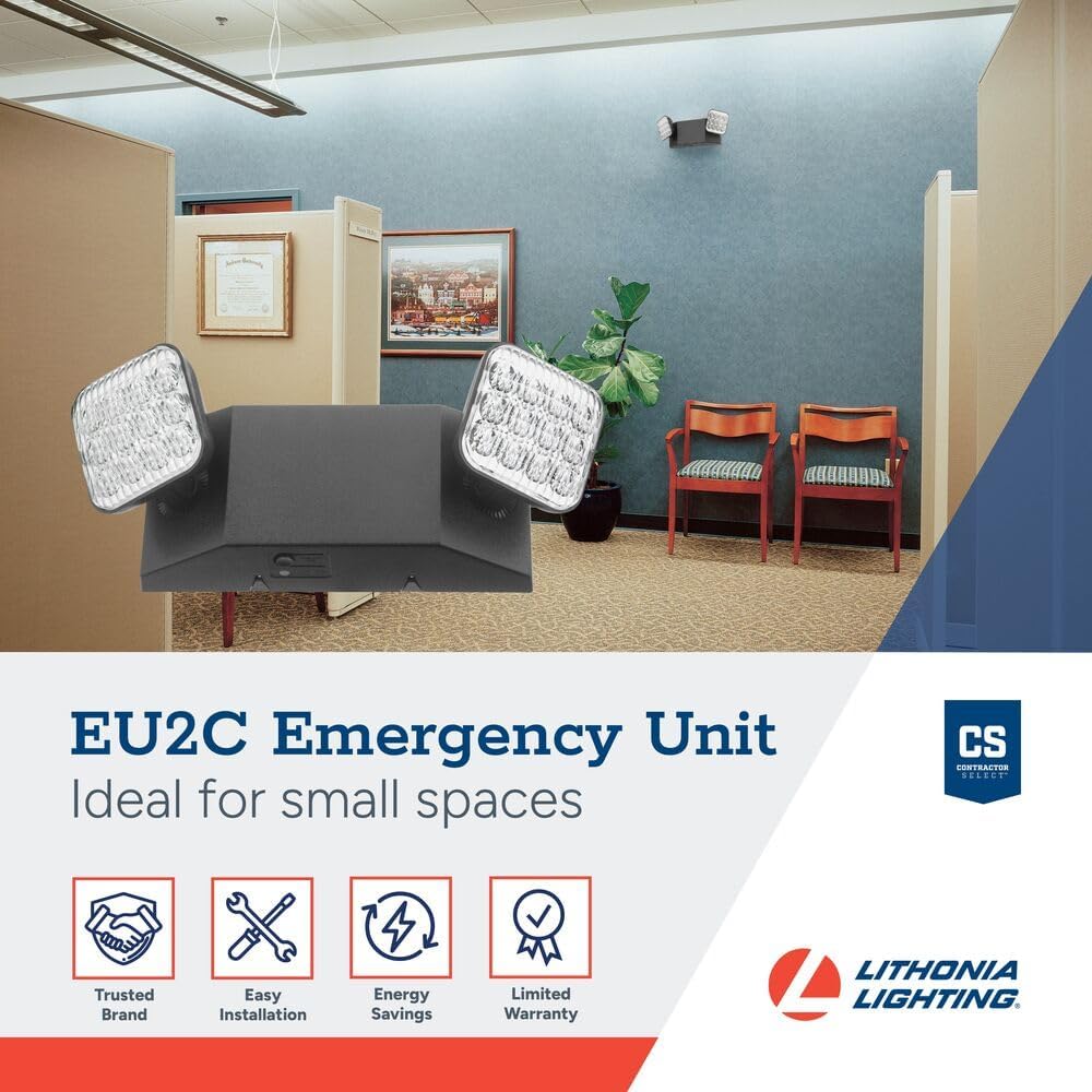 Lithonia Lighting Basics LED Emergency Light, Emergency Lighting with Dual Adjustable LED Lamp Heads, Wall Mount, Damp Location Rated, 90-Minute Backup, MVOLT, Black (EU2C B MVOLT M6)