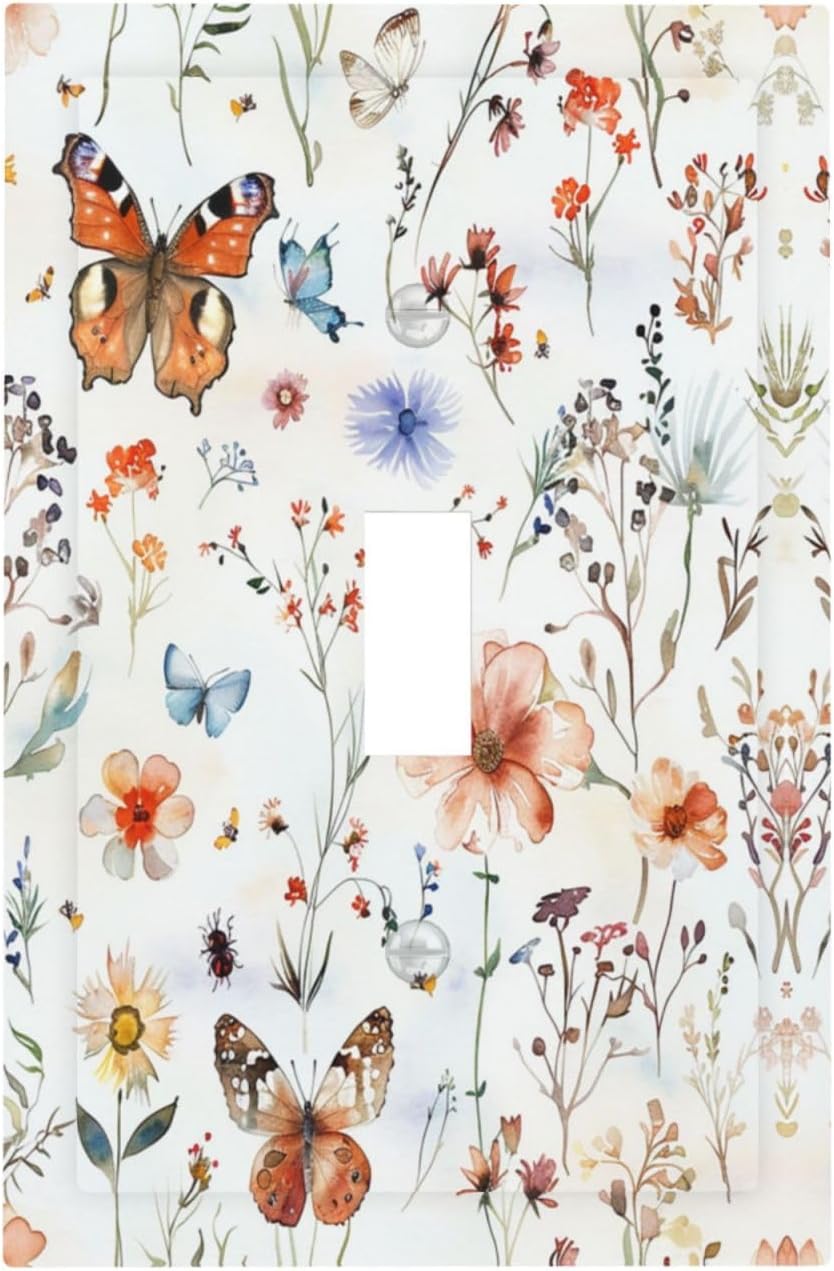 Decorative Light Switch Cover Butterfly Floral Boho Multicolor Flower Leave 1 Gang Single Toggle Device Electrical Faceplate Switchplates Decorator Outlet Wall Plate for Bed Room