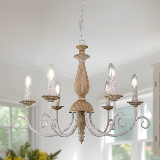 French Country Chandelier,6-Light Farmhouse Vintage Antique Brown Metal Chandelier Pendant Light Fixtures for Kitchen Island Dining Room Living Room Foyer Entryway Office