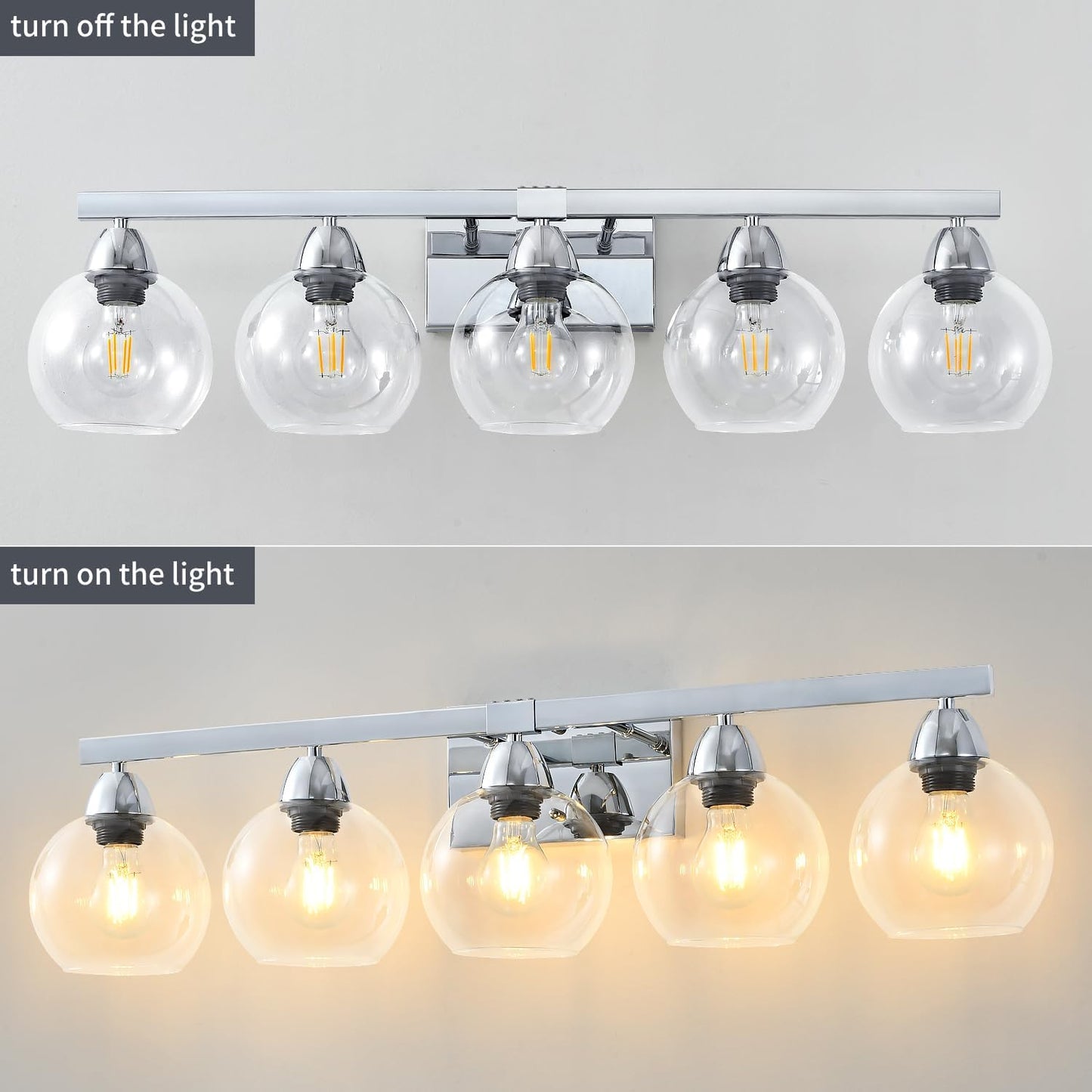 5-Light Bathroom Light Fixtures, Silver Vanity Light with Ultra-Clear Hand-Blown Glass, Durable & Elegant, Wall Lamp for Mirror, Bedroom, Kitchen