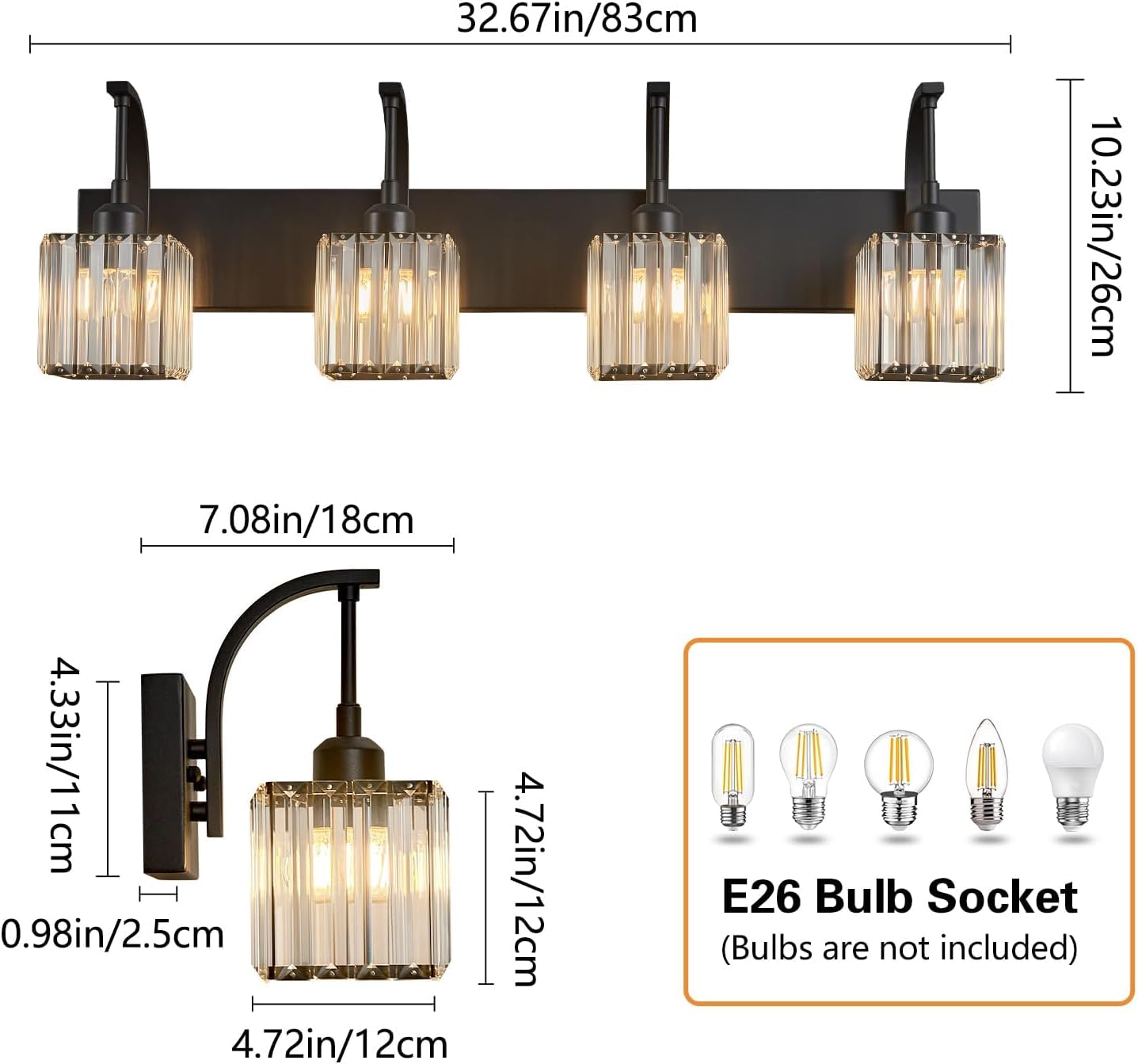 Crystal Vanity Lights 4-Light Black Bathroom Vanity Lights Modern Crystal Bathroom Light Fixtures Over Mirror 32.67" Long Vanity Light for Bathroom