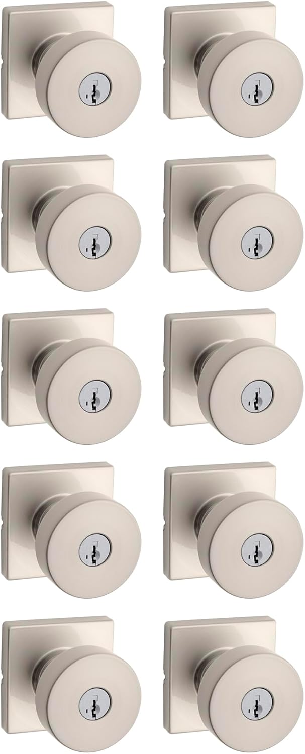 Kwikset Pismo Entry Door Knob with Lock and Key, Secure Keyed Handle Exterior, Front Entrance and Bedroom, Satin Nickel, 10 Pack, Pick Resistant SmartKey Rekey Security and Microban
