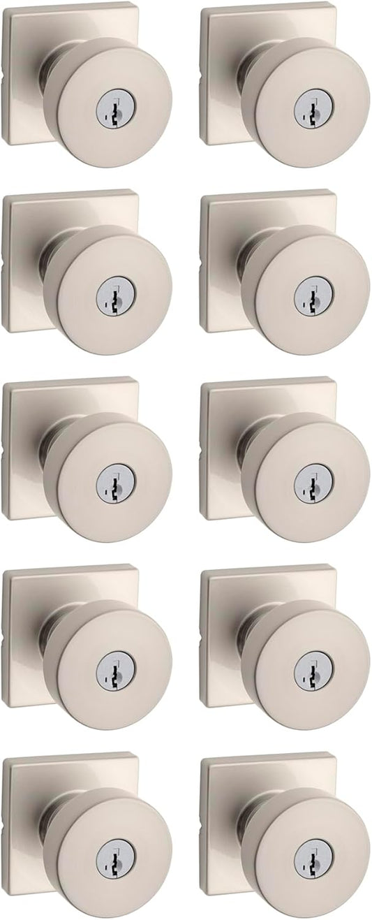 Kwikset Pismo Entry Door Knob with Lock and Key, Secure Keyed Handle Exterior, Front Entrance and Bedroom, Satin Nickel, 10 Pack, Pick Resistant SmartKey Rekey Security and Microban
