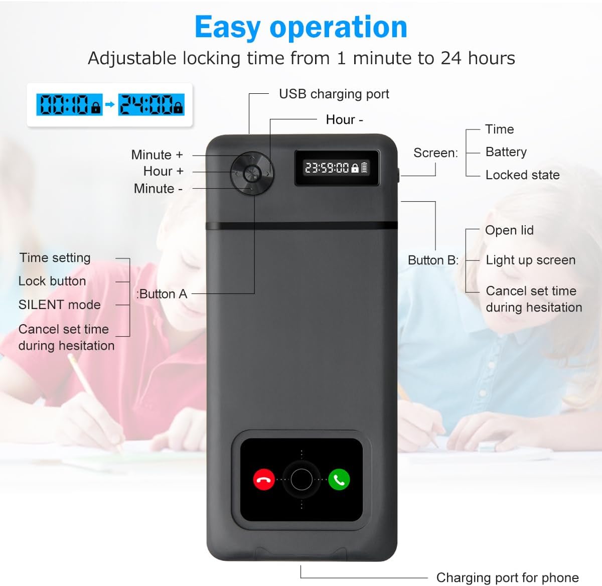 Phone Lock Box with Timer,Phone Lock Box,90 Days of Continuous Use,Quiet Mode,2 Charging Ports,Excessive Games,Mobile Phone Addiction