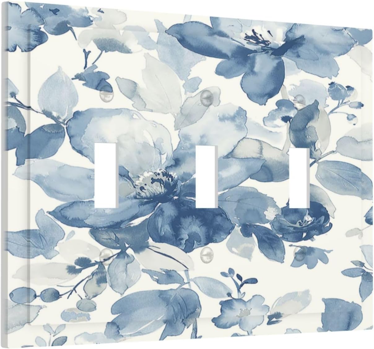 Decorative Switch Plates Blue Watercolor Floral 3 Gang Wall Plate Triple Toggle Light Switch Cover Faceplate Electrical Wall Panels for Bedroom Bathroom Decor