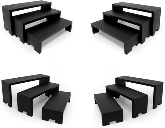 12Pcs Display Riser Wood Risers Wooden Stand 3 Tier 4 Set 12 Pieces Wood Racks Decorative Rectangular, Cupcake Stands Cologne Perfume Organizer(Black)