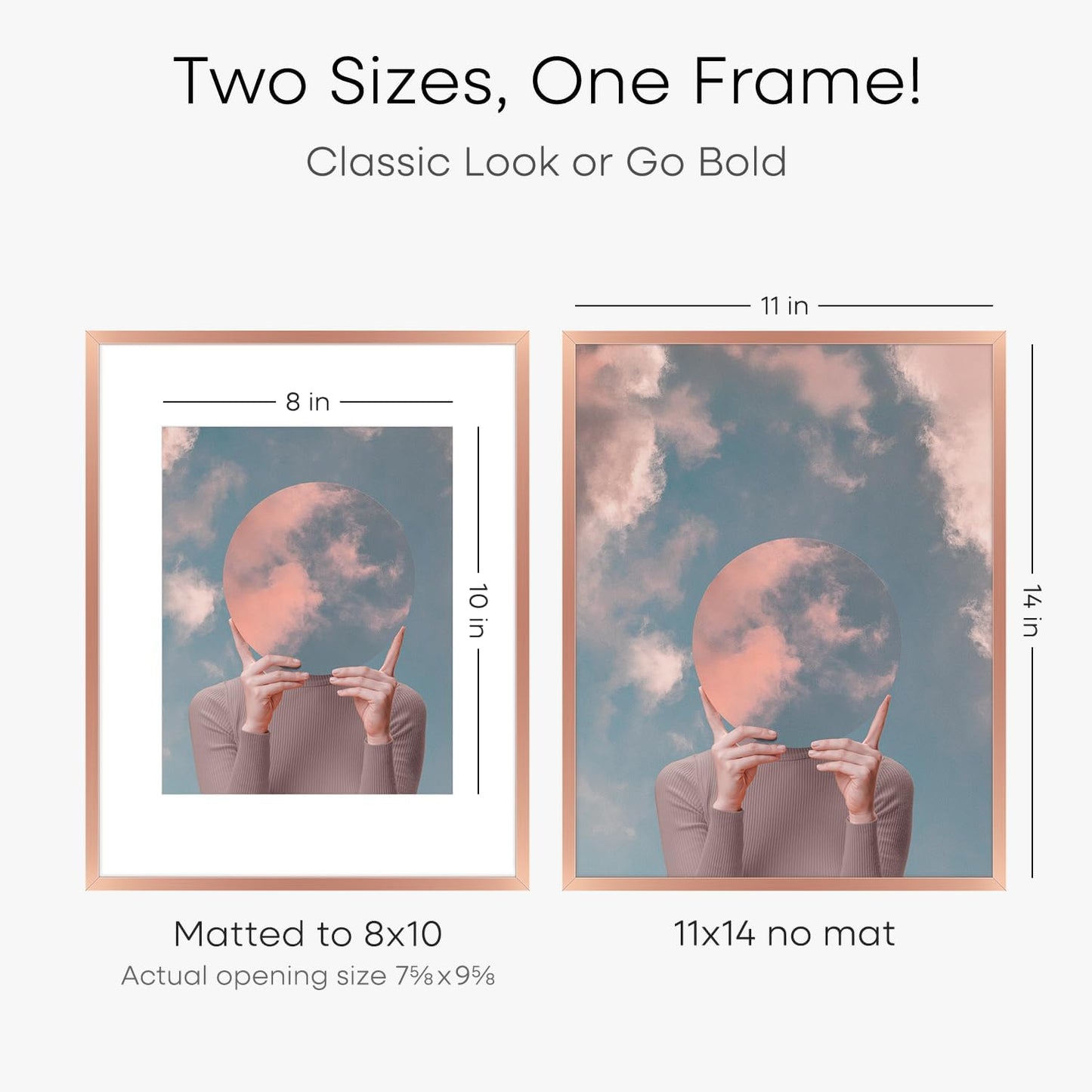 Homeforia 11x14 Picture Frame Rose Gold, High End Metal 11x14 Wall Hanging Frame with Mat 8x10, 11 x 14 Poster Frame Matted to 8 x 10 inch Photo, 11by14 Thin Frames, Tempered Glass, Wall Kit, Set of 2