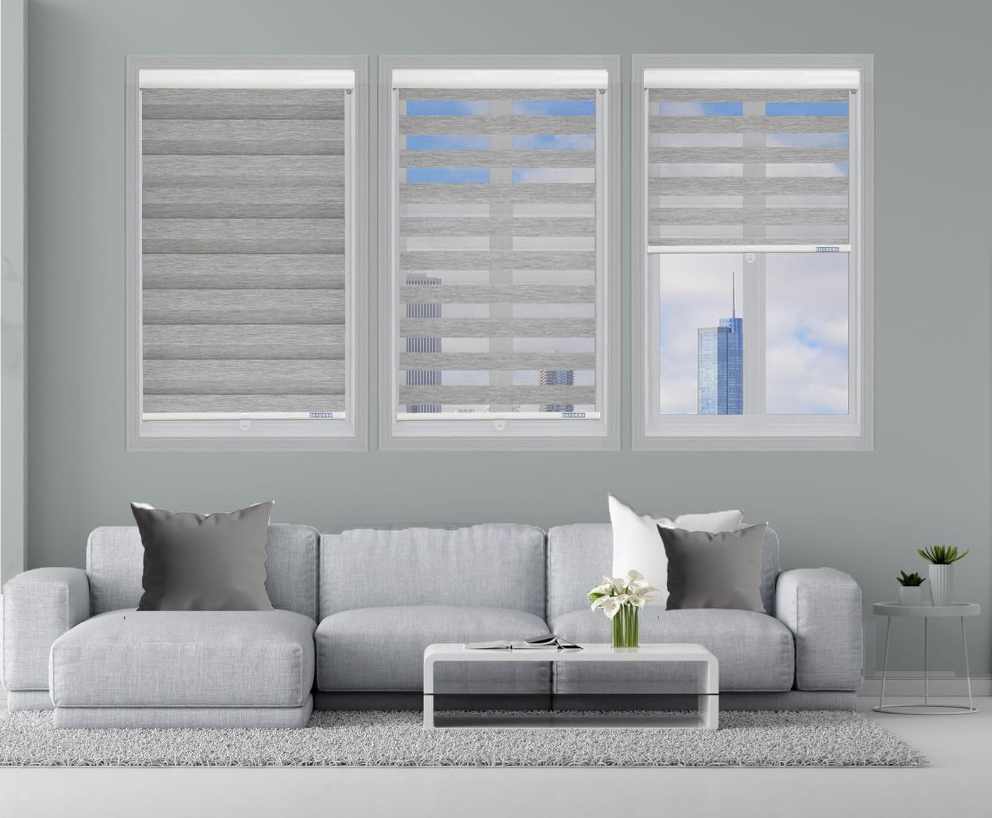 Shadesu Cordless Zebra Blinds for Windows, 52" W x 72" H, Grey, Dual Layer Free-Stop Zebra Shades, Light Control for Day and Night, Sheer Blinds for Indoor Windows, Bedroom, Kitchen