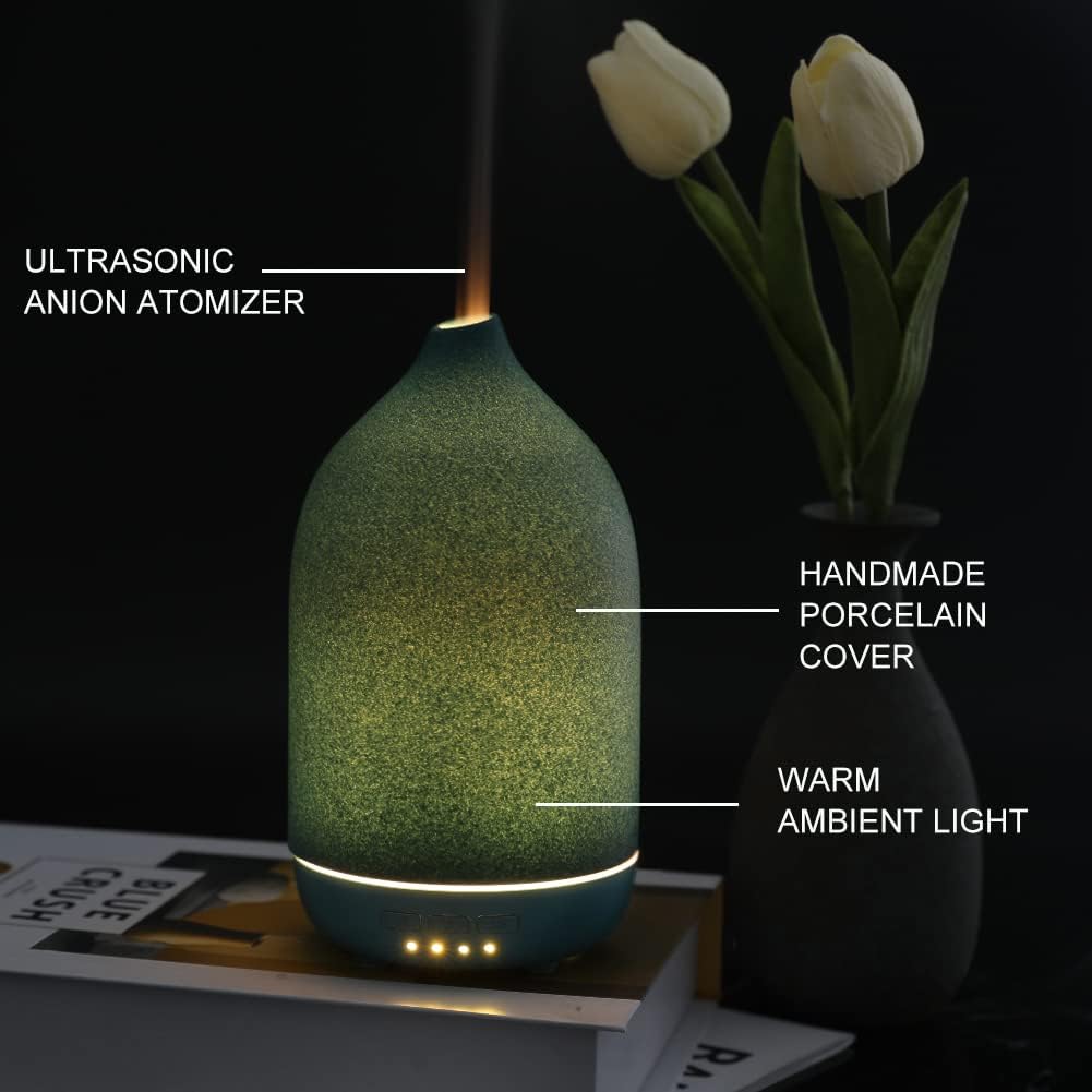 Essential Oil Diffusers, Aromatherapy Diffuser for Essential Oils, 100ml Ceramic Oil Diffusers for Large Room - 5 Timers, Warm Ambient Light, Auto-Off