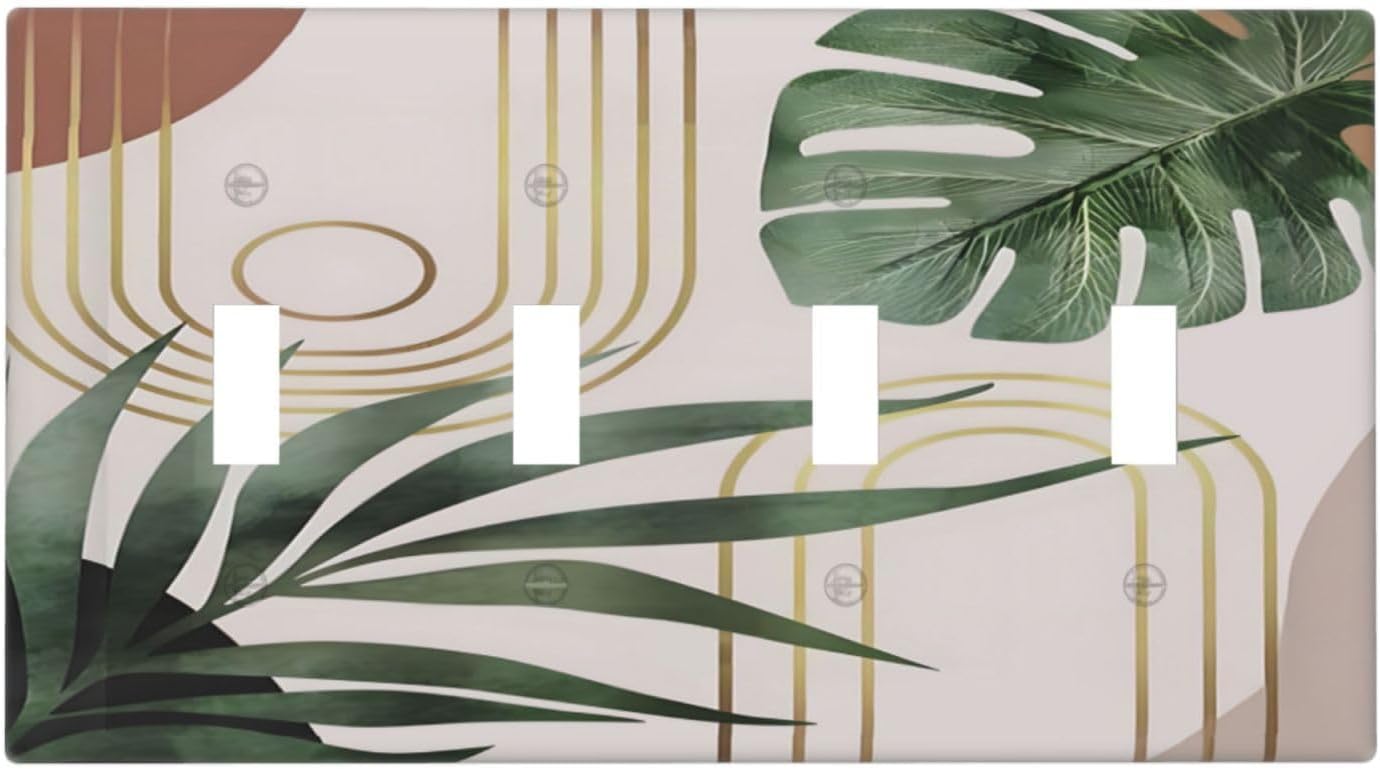 Decorative Light Switch Plate Covers Boho Mid Century Abstract Arch Green Leaves 4 Gang Light Switch Cover Plate Quad Toggle Wall Plate Outlet Covers for Bedroom Home Decor