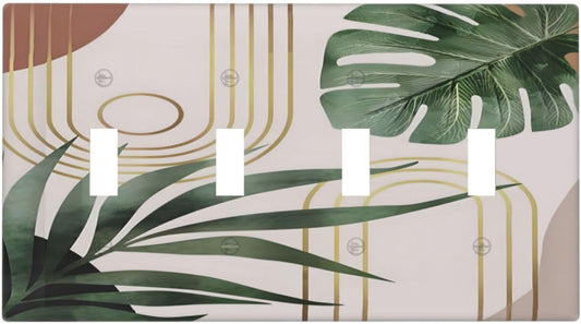 Decorative Light Switch Plate Covers Boho Mid Century Abstract Arch Green Leaves 4 Gang Light Switch Cover Plate Quad Toggle Wall Plate Outlet Covers for Bedroom Home Decor