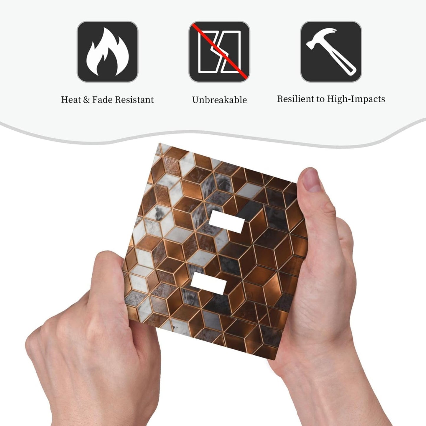 Brown Abstract Luxury Modern Geometric Cubic Marble 2 Gang Double Toggle Decorative Light Switch Covers Electrical Faceplate Switch Plates for Bathroom Kitchen Home