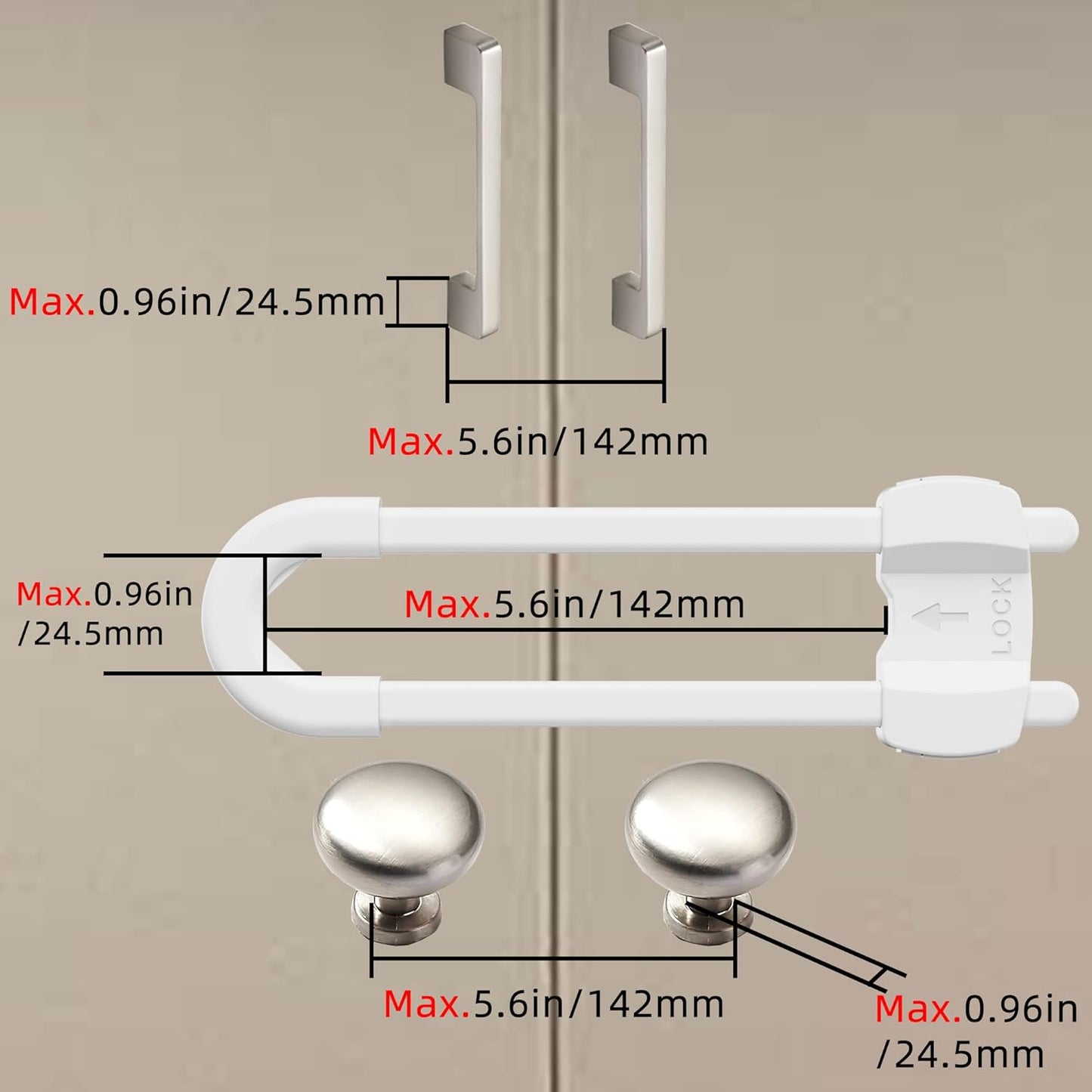 (10 pack white) 4 button Cabinet Locks, U-Shaped Proofing Drawers Safety Child Locks Adjustable, for Wardrobe,Kitchen,Bathroom,Drawer,Fridge,Cupboard Doors Knobs & Handles