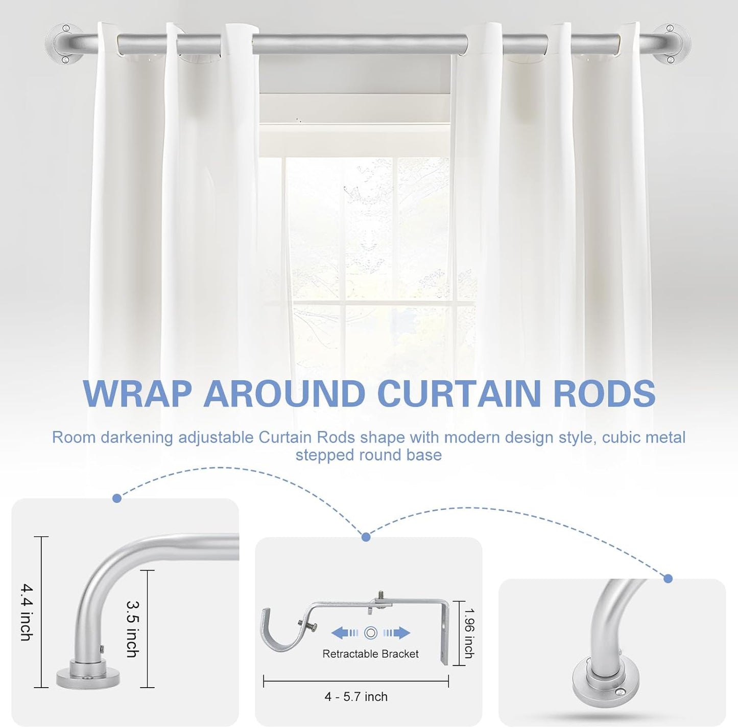 Silver Wrap Around Curtain Rods 28 to 48 Inch:Blackout Heavy duty Adjustable Window Curtain Rod for Bedroom,Industrial Darkening Curved French Metal Single Drapery Rods Easy Install,Nickel