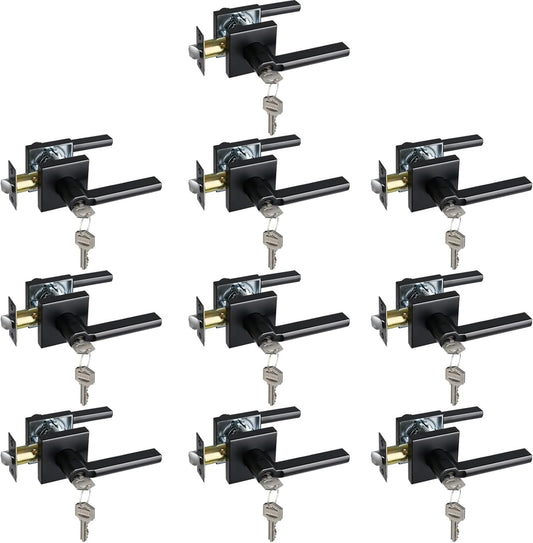 Keyed Entry Door Lever with Lock, Heavy Duty Square Interior Handle for Front Door and Office, Matte Black, Reversible for Right&Left Handed, 10Packs