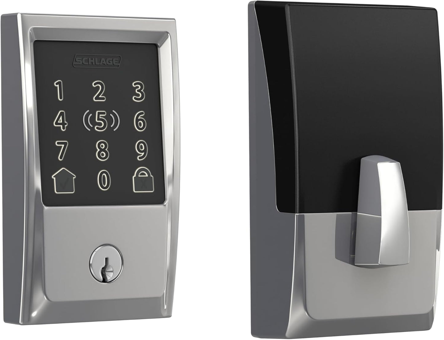 Schlage BE499WB CEN 625 Encode Plus WiFi Deadbolt Smart Lock, Keyless Entry Touchscreen Door Lock with Century Trim, Bright Chrome
