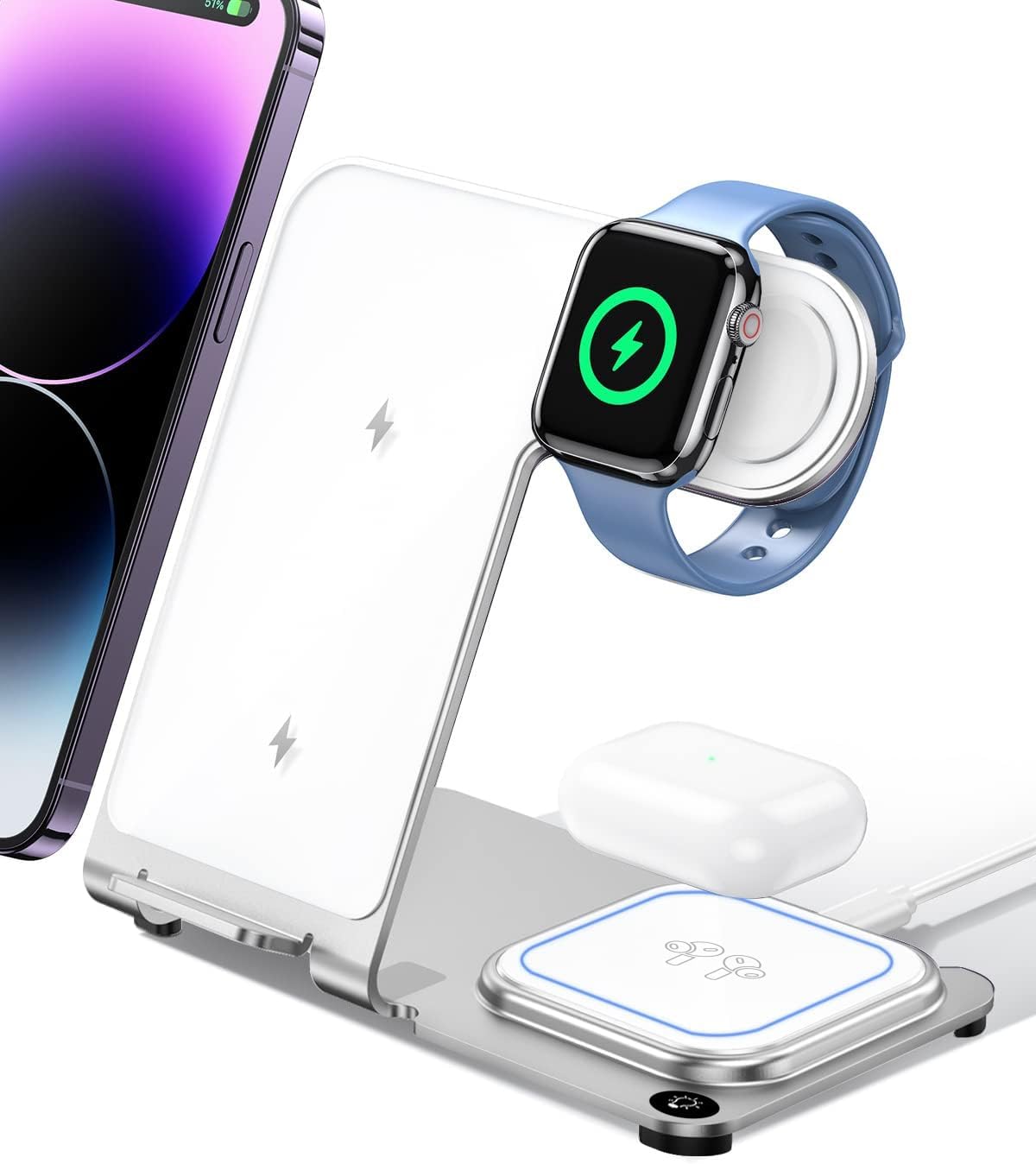 Intoval Metal Charging Station for iPhone 17/16/15/14/13/12/11/XS/XR/XS, 3 in 1 Wireless Charger for Apple Watch 11/Ultra 3/SE/10/9/8/7/6/5/4/3/2, for AirPods 4/Pro/Pro 2/3 (Y9,Silver)