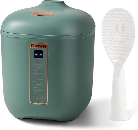 CHACEEF Mini Rice Cooker 2 Cups Uncooked, 1.2L Rice Cooker Small, Portable Non-Stick Small Travel Rice Maker, BPA Free, Smart Control Multifunction Cooker with 24 Hours Timer Delay & Keep Warm Function, Green
