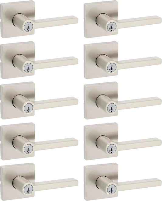 Kwikset Halifax Entry Door Handle with Lock and Key, Secure Keyed Reversible Lever Exterior, For Front Entrance and Bedrooms, Satin Nickel, 10 Pack, Pick Resistant SmartKey Rekey Security and Microban