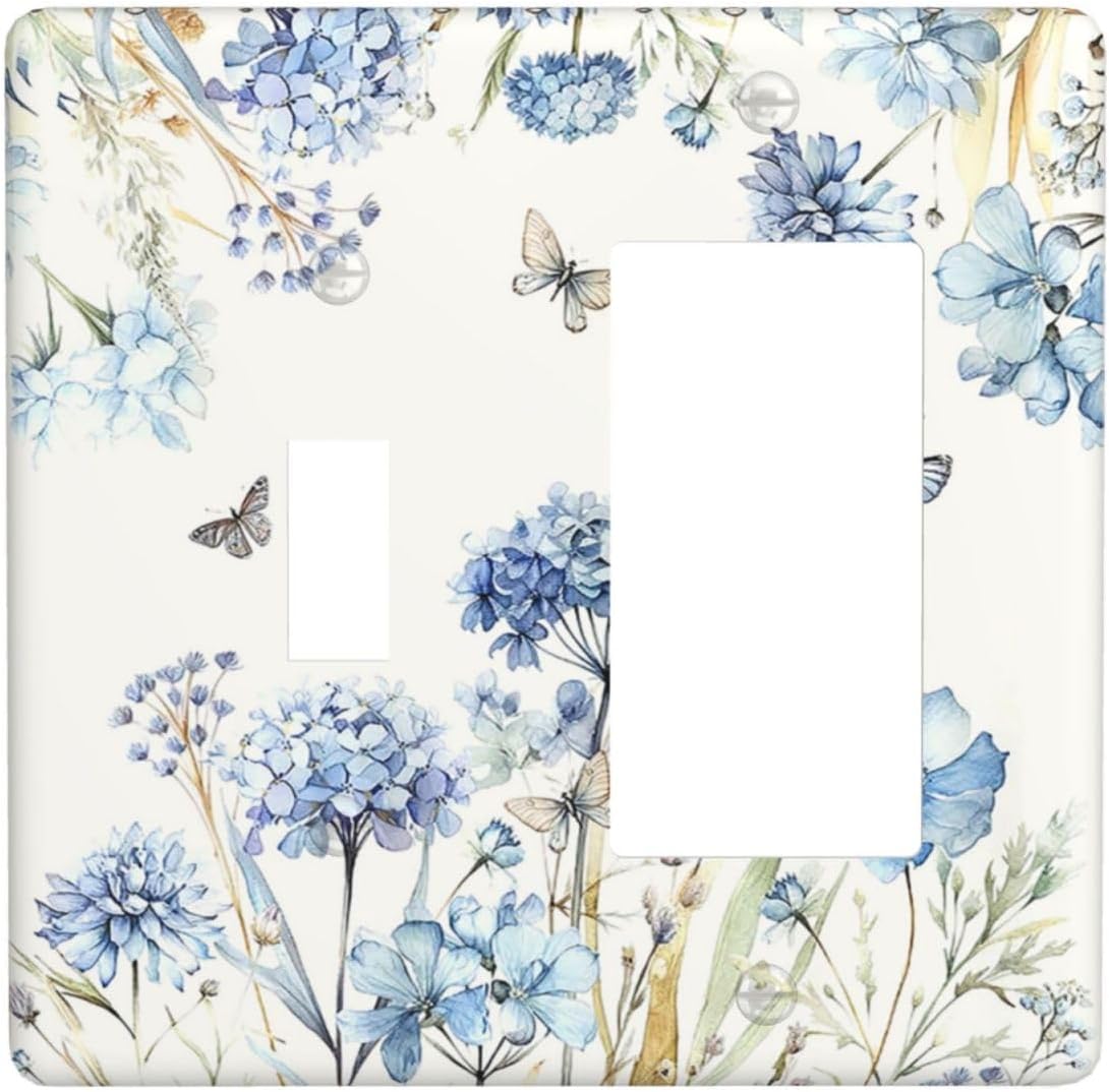Outlet Covers Blue Floral Hydrangea Plants 1 Toggle 1 Rocker Combination Decorative Wall Plate Light Switch Cover Plate Electrical Switch Plates for Bedroom Home Decor