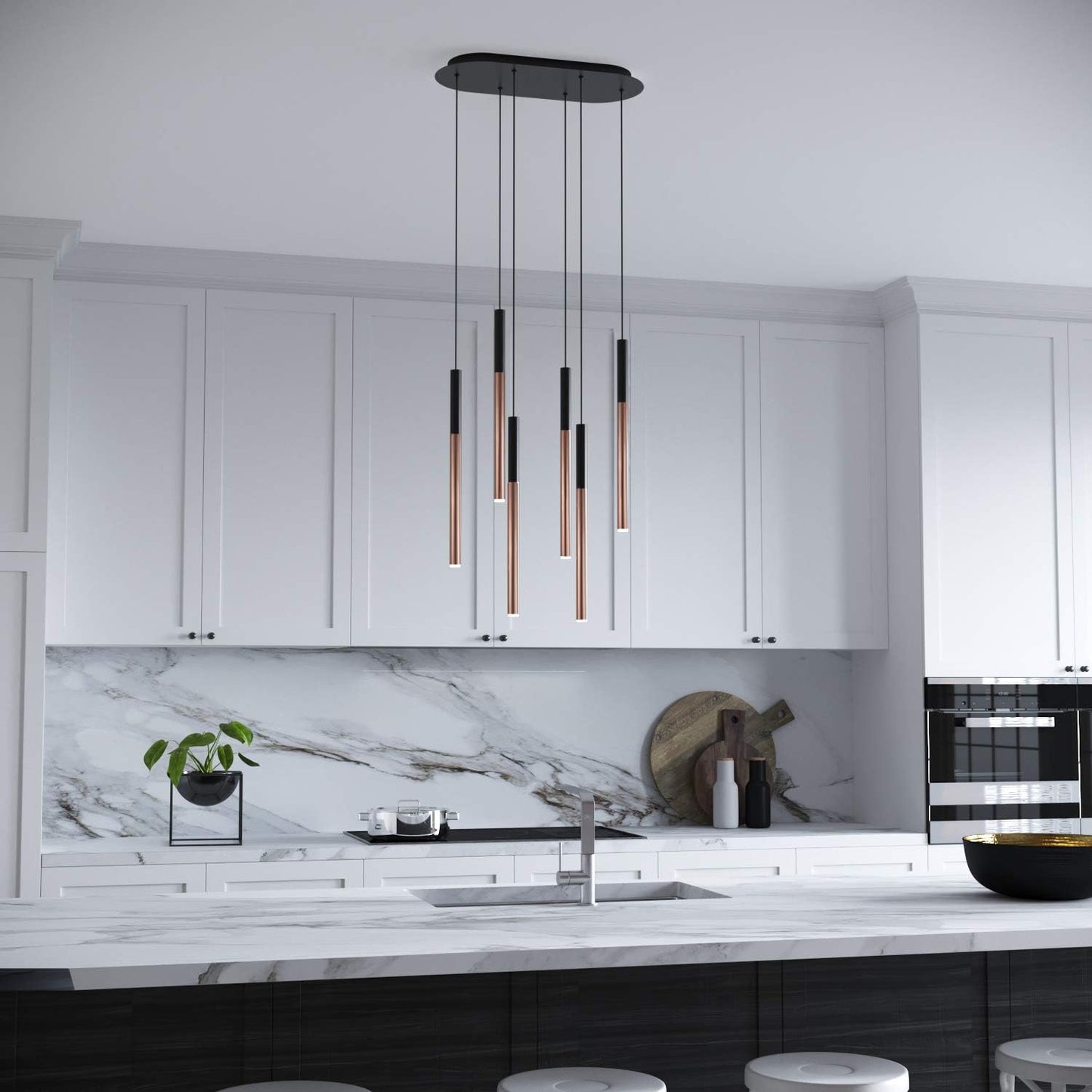 ALTAIR 6 Mini Pendant Lighting Black-Copper - LED Hanging Light Fixture for Kitchen Island, Bar, Foyer - Cluster Pendants - Dimmable, Adjustable Wire, Lamp Bulb Included