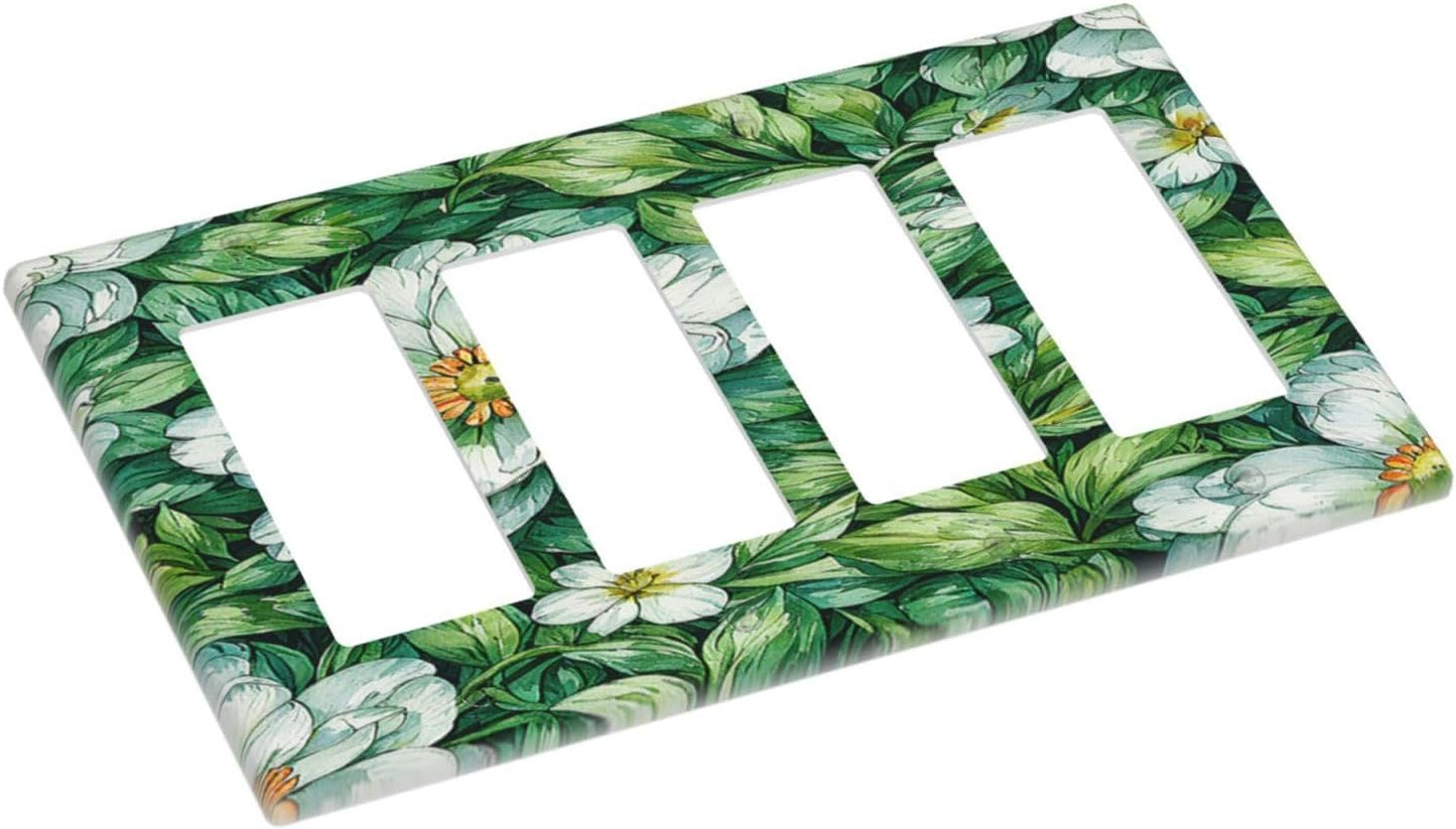 Vintage Floral White Flowers Green Plants Leaves Wallplates 4 Gang Quad Rocker Decorative Light Switch Covers Electrical GFCI Faceplate Switch Plate for Bedroom Bathroom Decor