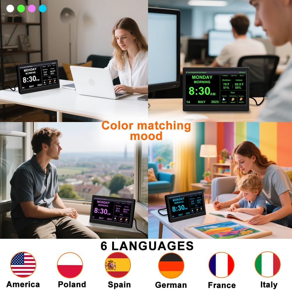 2025 Digital Clock with Weather Forecast & Temperature/Humidity Large Display,Auto Time Sync, Custom Alarms & Medication Reminders, Elderly Memory Loss (Black, 10.1 Inch)