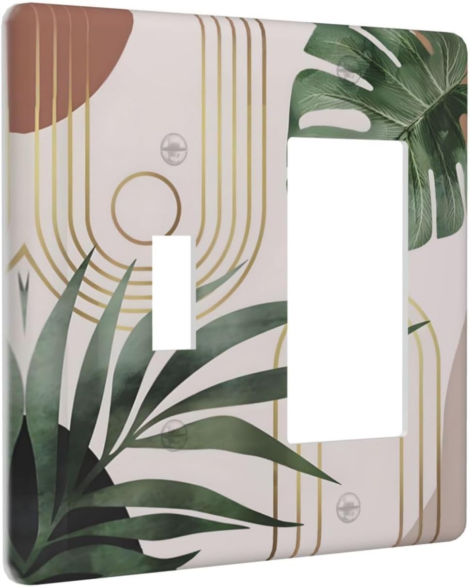 Decorative Outlet Covers Boho Mid Century Abstract Arch Green Leaves 2 Gang Wall Plate Single Toggle 1 Rocker Light Switch Cover Switch Plate Covers for Bedroom Home Decor