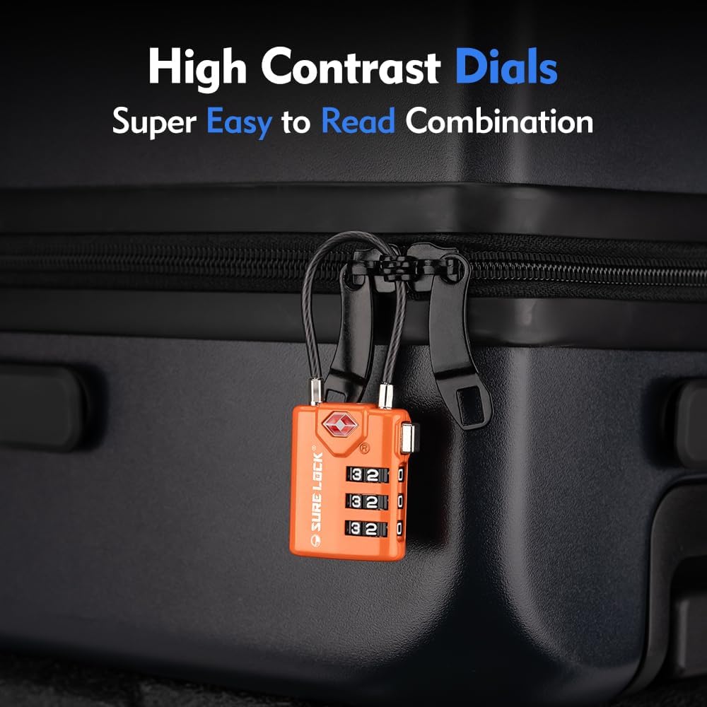 SURE LOCK TSA Compatible Travel Luggage Locks, Inspection Indicator, Easy Read Dials TSA Approved with Zinc Alloy Orange 4 Pack